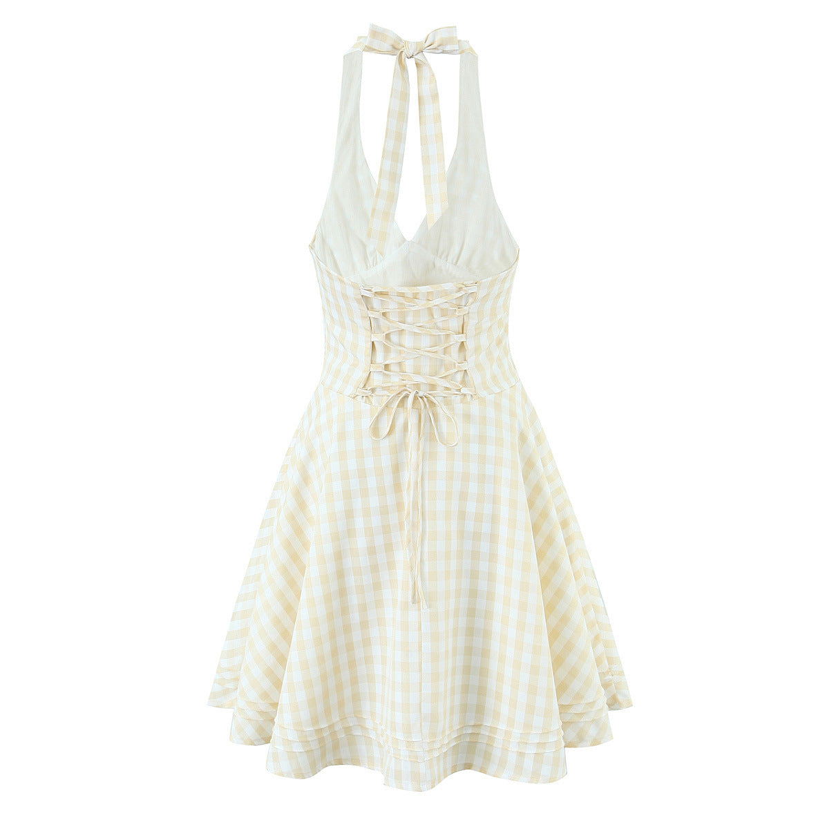 Checkered neck hanging backless waist cinching dress
