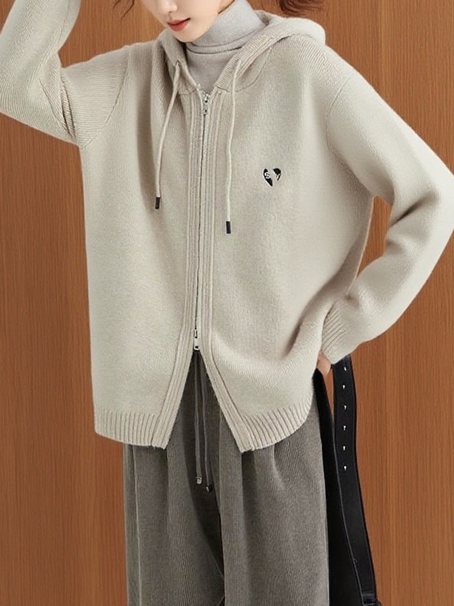 Hooded Double-Zip Knit Cardigan