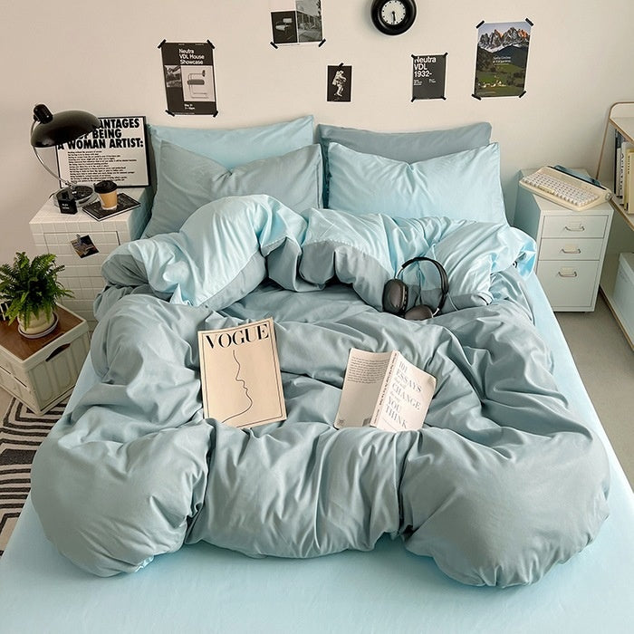Washed Cotton Solid Color Double Spliced 4 Piece Bedding Set