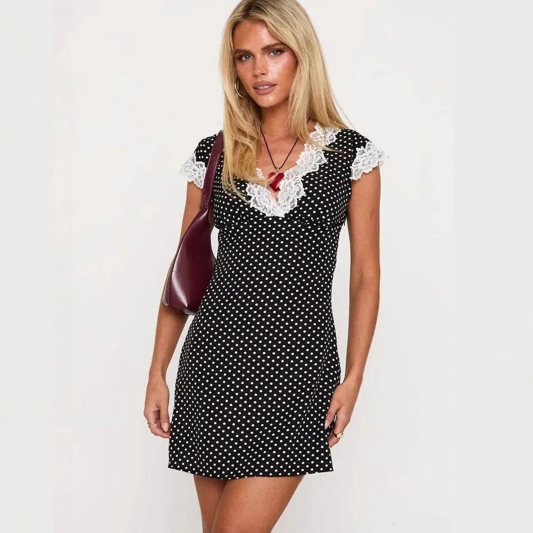 Lace patchwork polka dot print dress