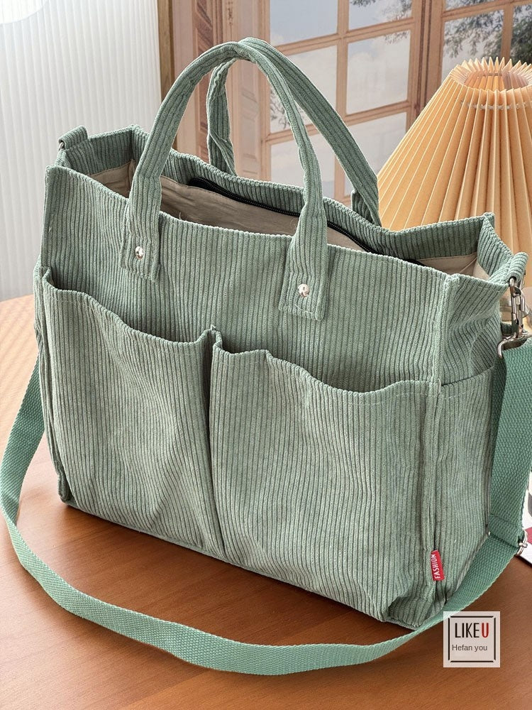 Multi-Pocket Corduroy Tote Bag