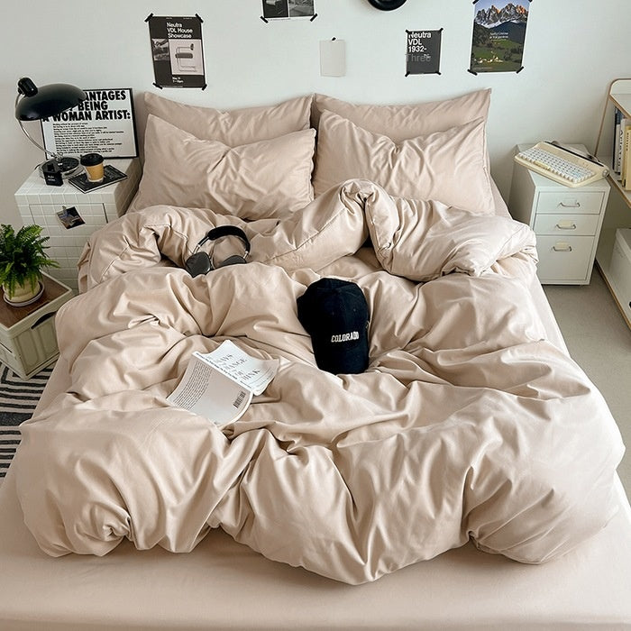 Washed Cotton Solid Color Double Spliced 4 Piece Bedding Set