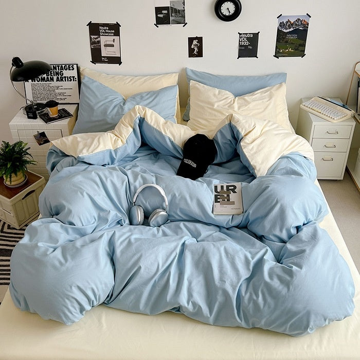 Washed Cotton Solid Color Double Spliced 4 Piece Bedding Set