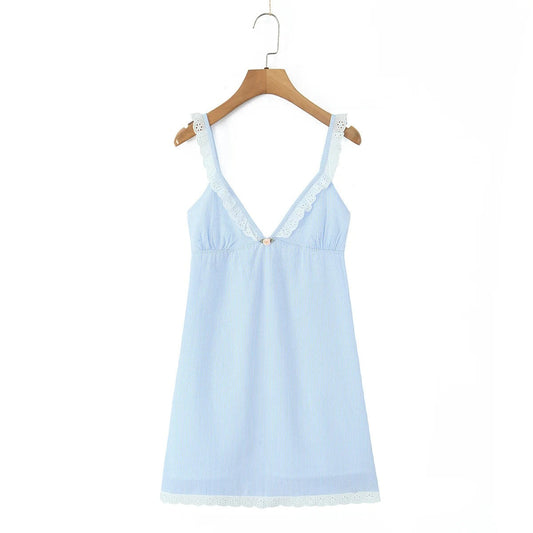 V-neck lace patchwork striped camisole dress