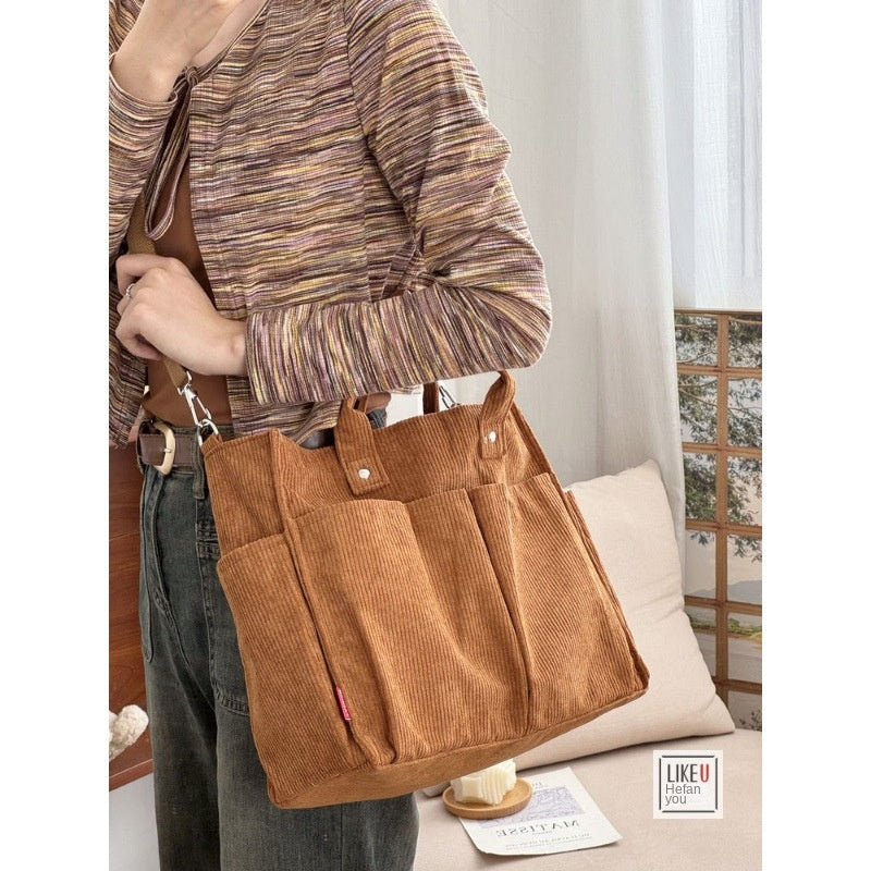 Multi-Pocket Corduroy Tote Bag