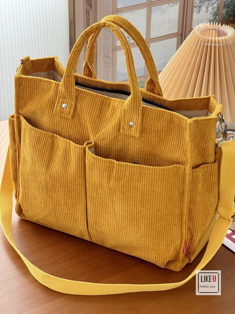 Multi-Pocket Corduroy Tote Bag