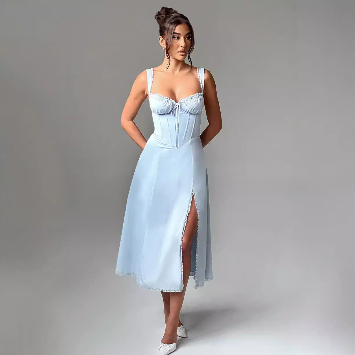 Lace-trimmed collar spliced camisole dress