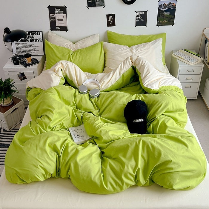 Washed Cotton Solid Color Double Spliced 4 Piece Bedding Set