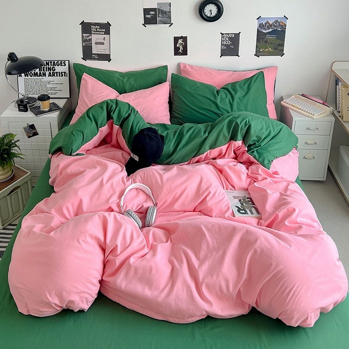 Washed Cotton Solid Color Double Spliced 4 Piece Bedding Set