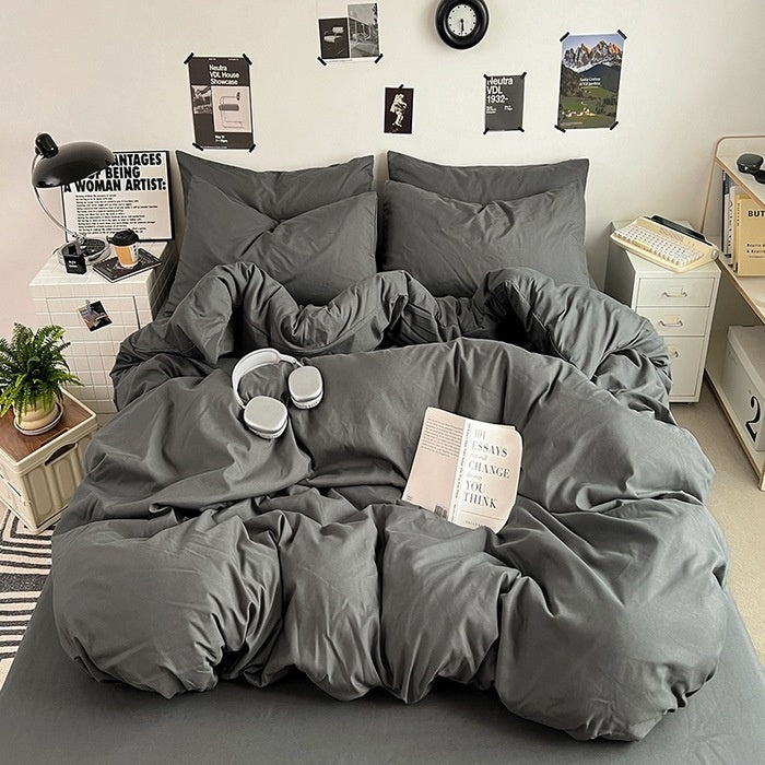 Washed Cotton Solid Color Double Spliced 4 Piece Bedding Set