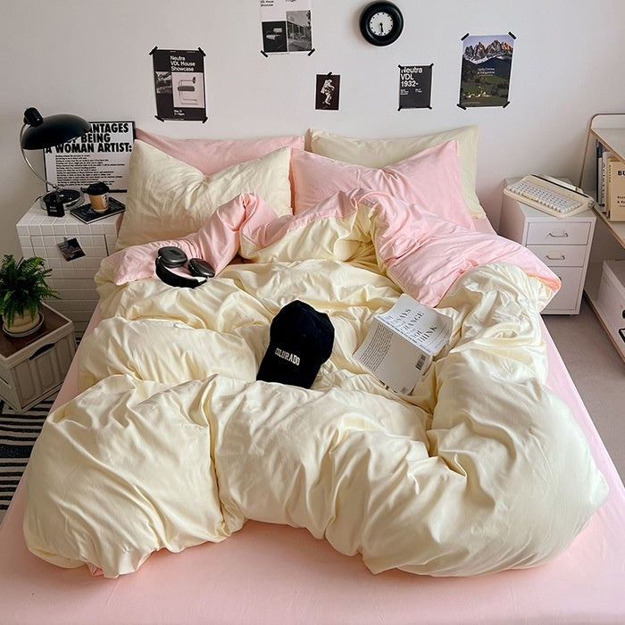 Washed Cotton Solid Color Double Spliced 4 Piece Bedding Set