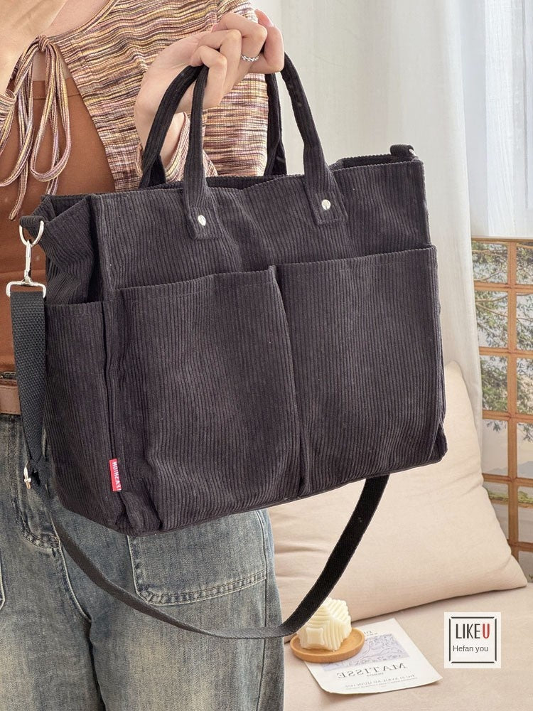 Multi-Pocket Corduroy Tote Bag