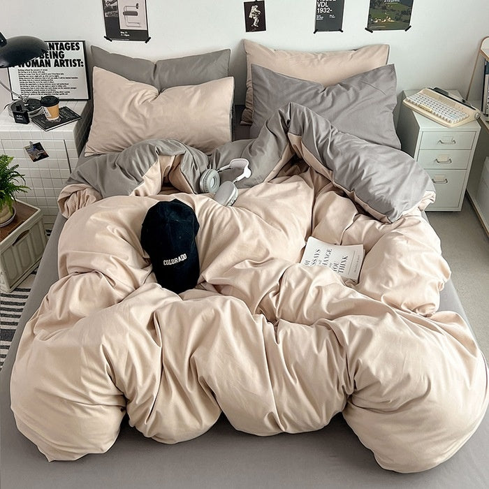 Washed Cotton Solid Color Double Spliced 4 Piece Bedding Set