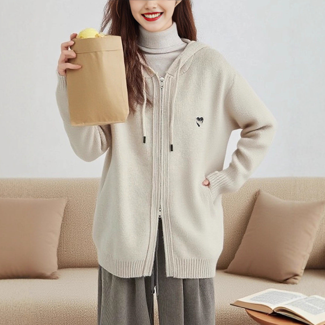 Hooded Double-Zip Knit Cardigan