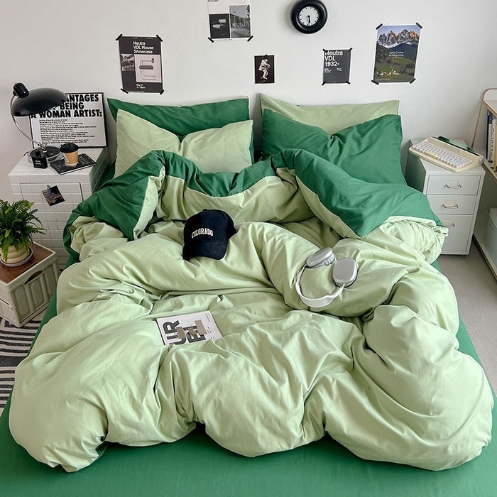 Washed Cotton Solid Color Double Spliced 4 Piece Bedding Set