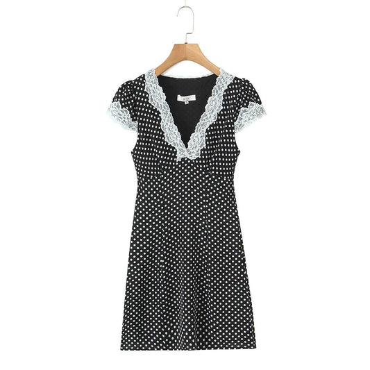 Lace patchwork polka dot print dress