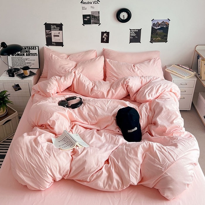 Washed Cotton Solid Color Double Spliced 4 Piece Bedding Set