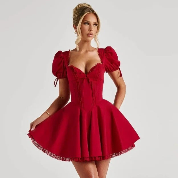 Square collar lace lace bubble short sleeved dress