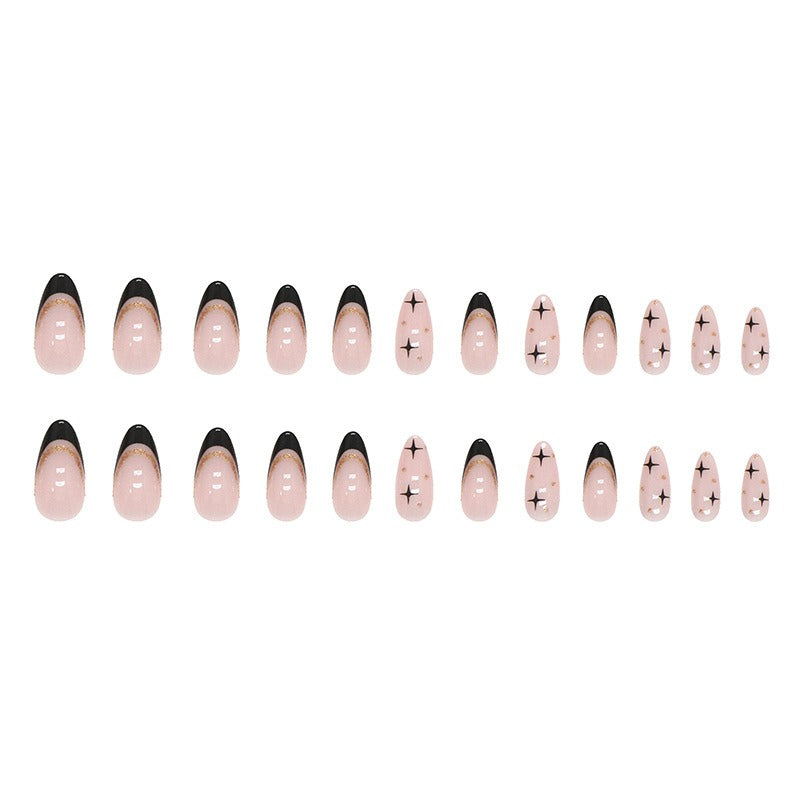 Black French flash gold powder almond press on nails