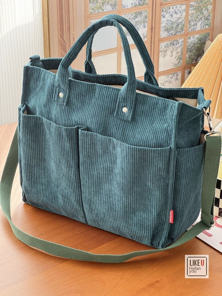 Multi-Pocket Corduroy Tote Bag
