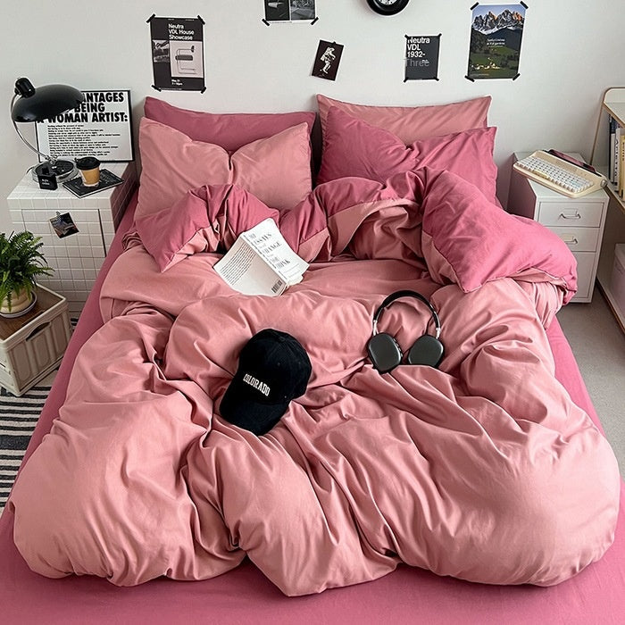 Washed Cotton Solid Color Double Spliced 4 Piece Bedding Set