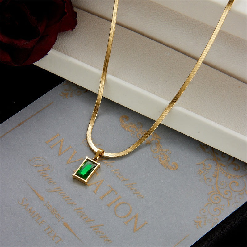 Emerald Zircon Pendant Titanium Steel Necklace
