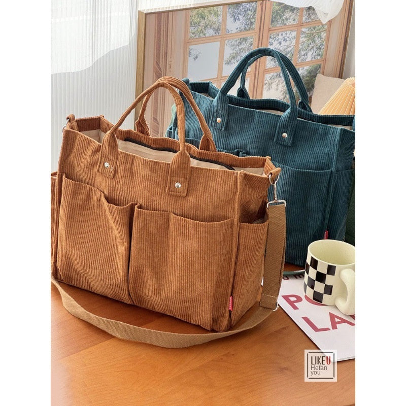 Multi-Pocket Corduroy Tote Bag