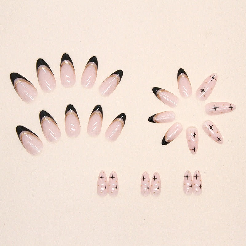 Black French flash gold powder almond press on nails