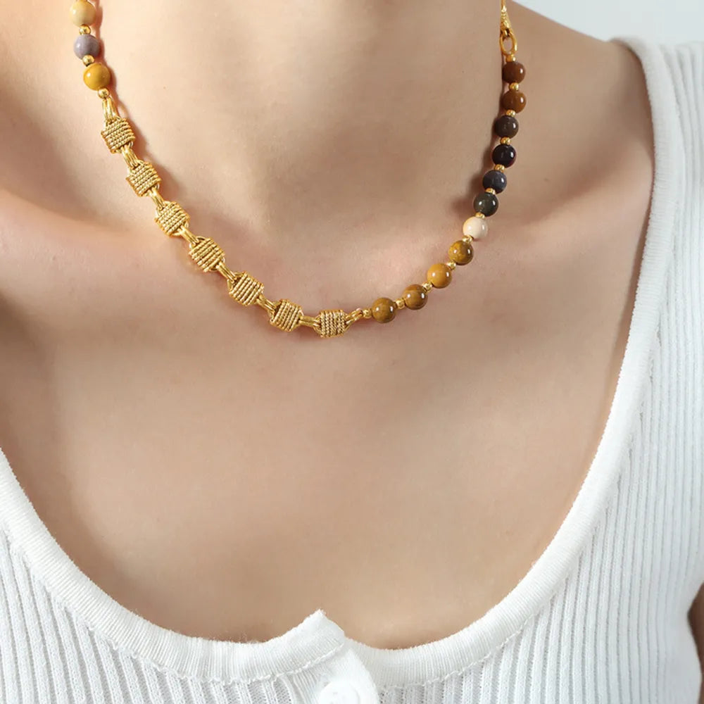 Agate bead chain design with titanium steel gold-plated necklace