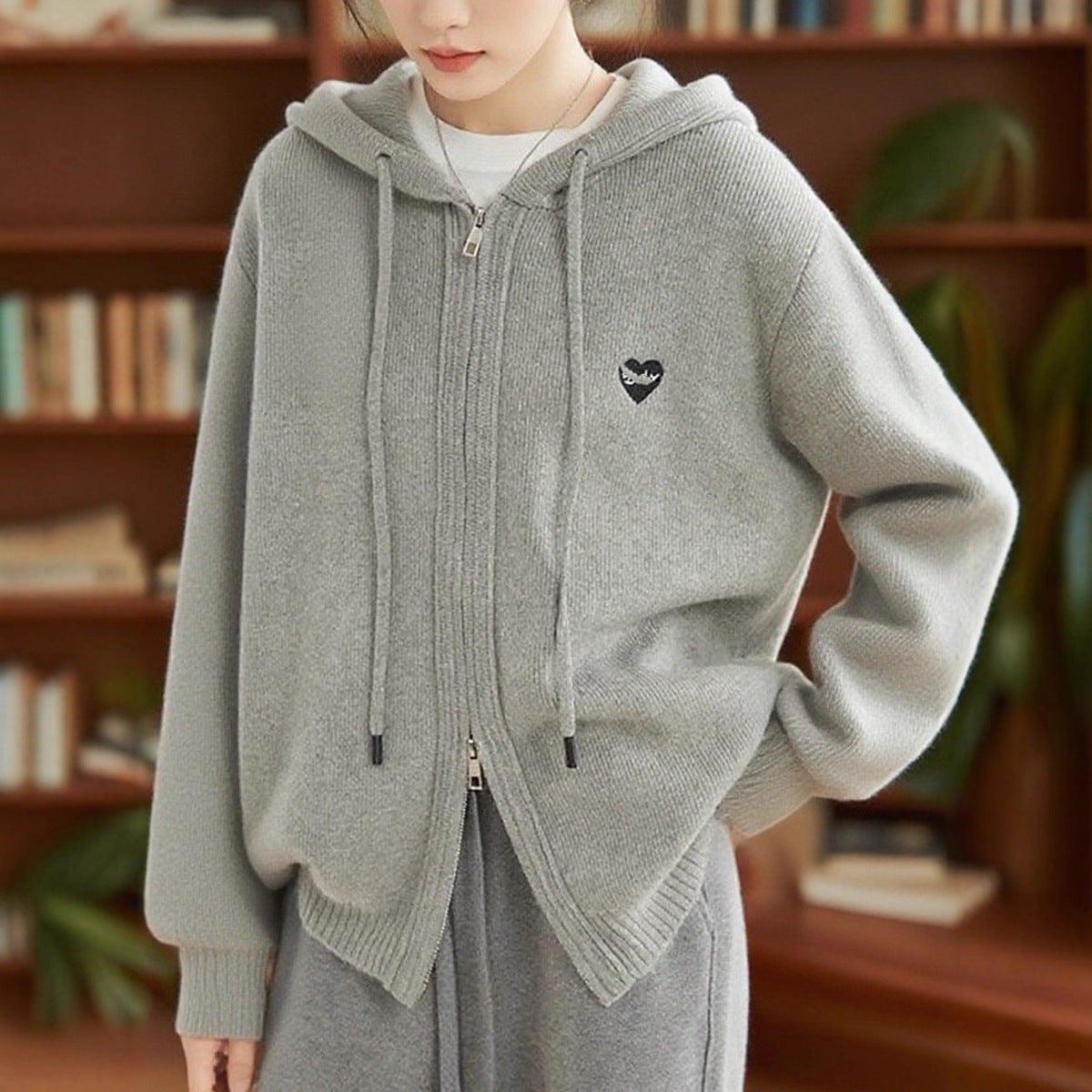 Hooded Double-Zip Knit Cardigan