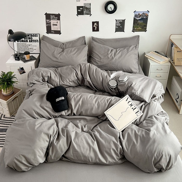 Washed Cotton Solid Color Double Spliced 4 Piece Bedding Set