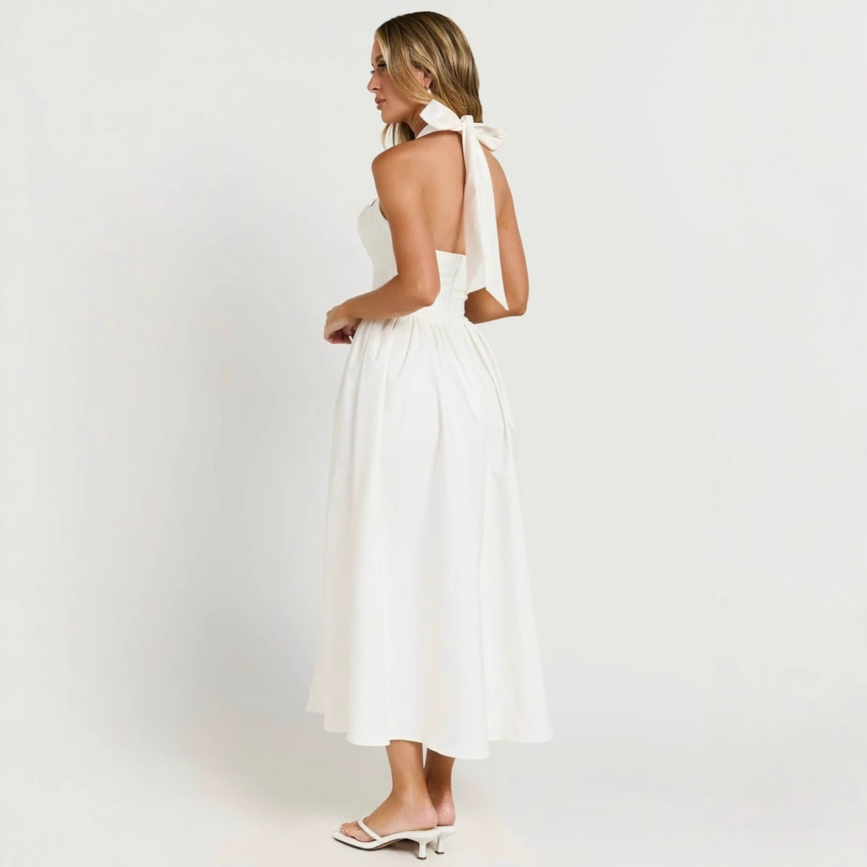 Square collar side slit backless mid length dress