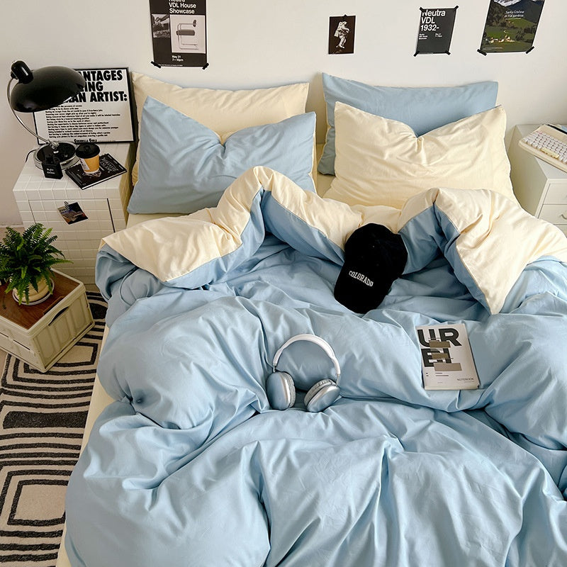 Washed Cotton Solid Color Double Spliced 4 Piece Bedding Set