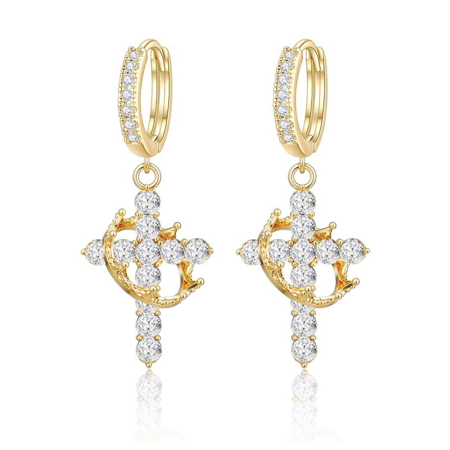 Rotating Crown Cross Earrings Set with Zircon