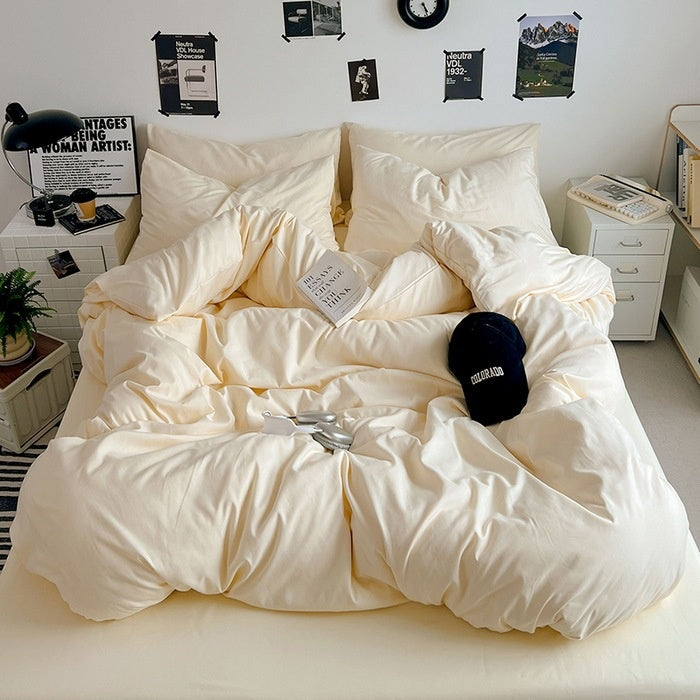 Washed Cotton Solid Color Double Spliced 4 Piece Bedding Set