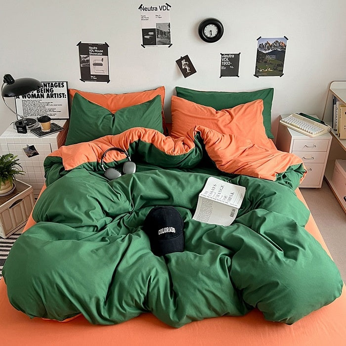 Washed Cotton Solid Color Double Spliced 4 Piece Bedding Set