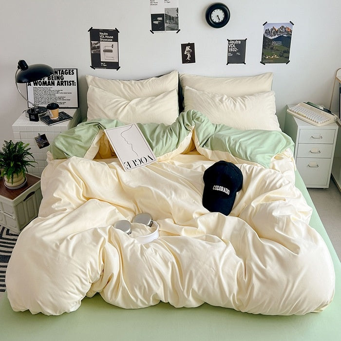 Washed Cotton Solid Color Double Spliced 4 Piece Bedding Set