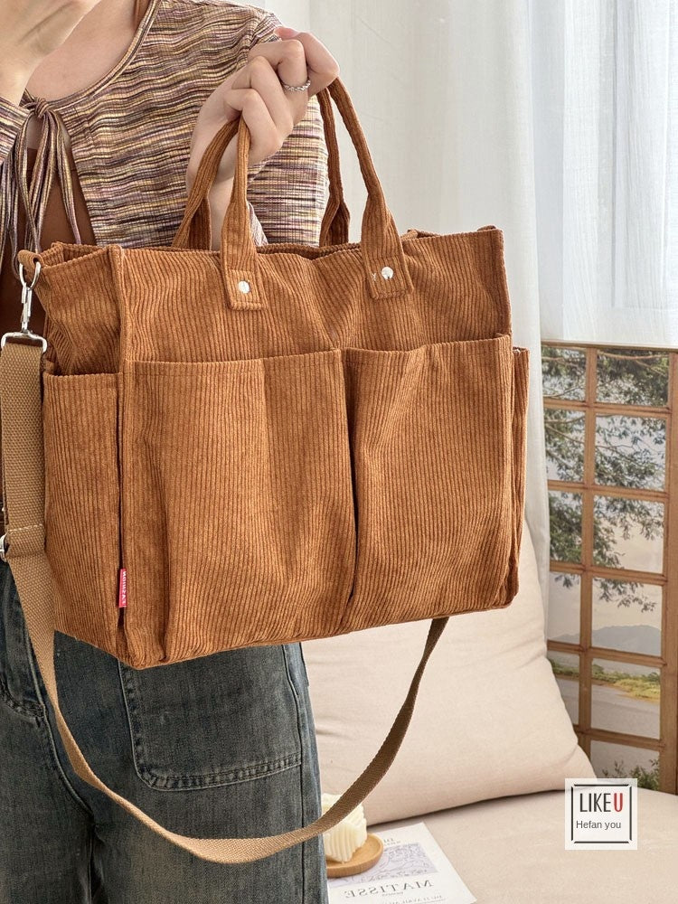 Multi-Pocket Corduroy Tote Bag