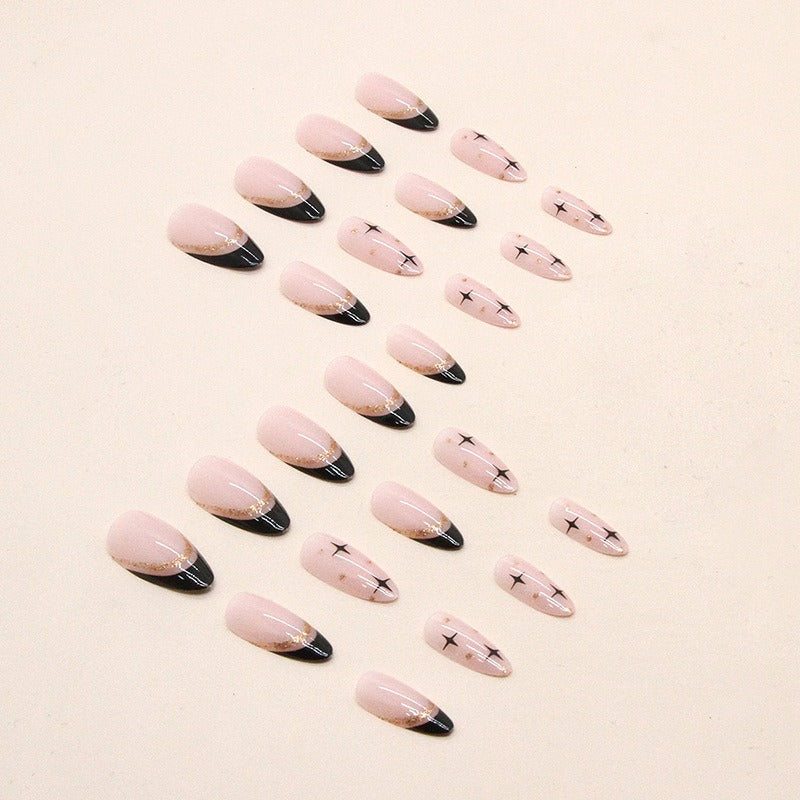 Black French flash gold powder almond press on nails