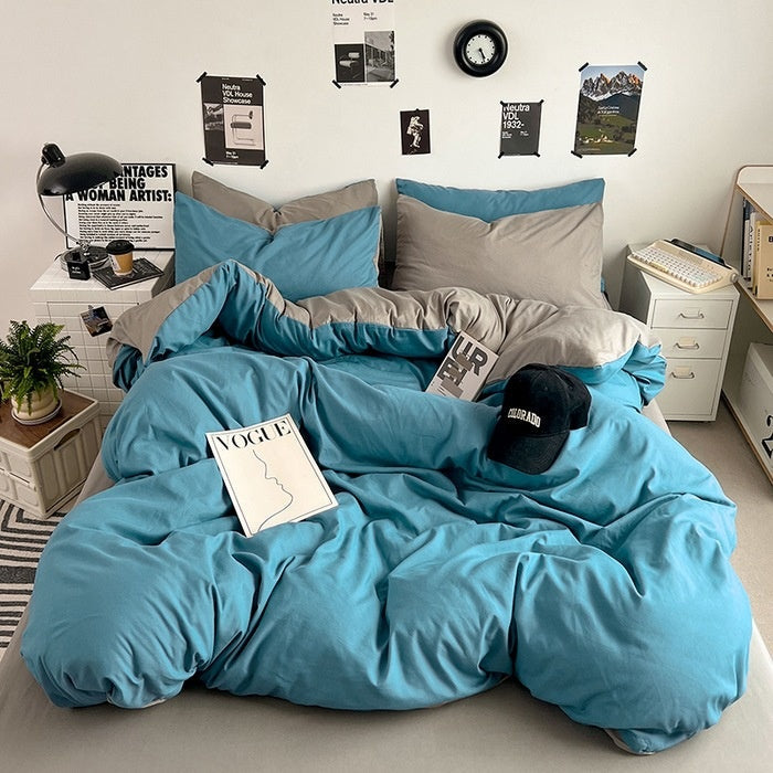 Washed Cotton Solid Color Double Spliced 4 Piece Bedding Set