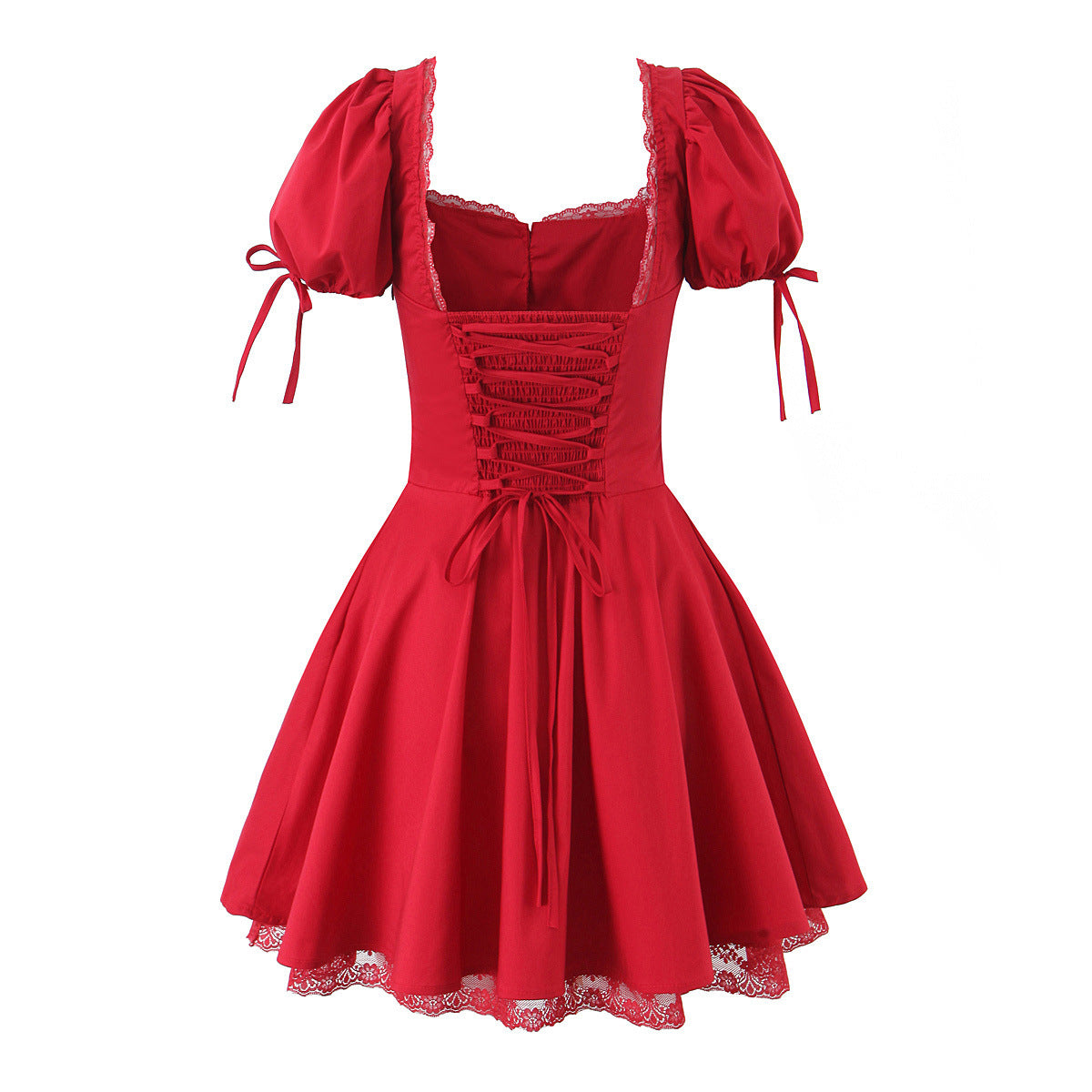 Square collar lace lace bubble short sleeved dress