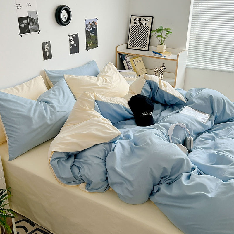 Washed Cotton Solid Color Double Spliced 4 Piece Bedding Set