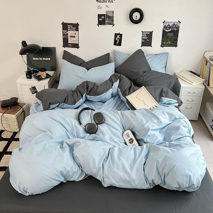 Washed Cotton Solid Color Double Spliced 4 Piece Bedding Set