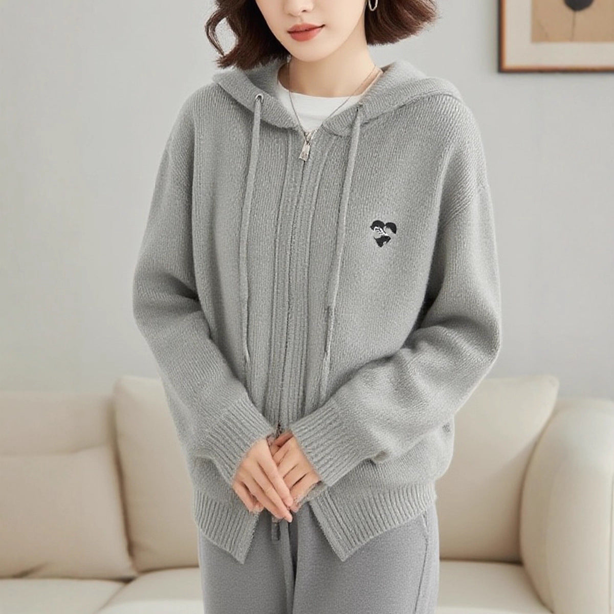 Hooded Double-Zip Knit Cardigan