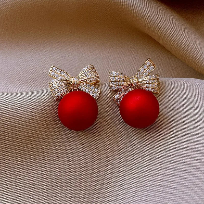 Round Bead Bow Heart Red Earrings