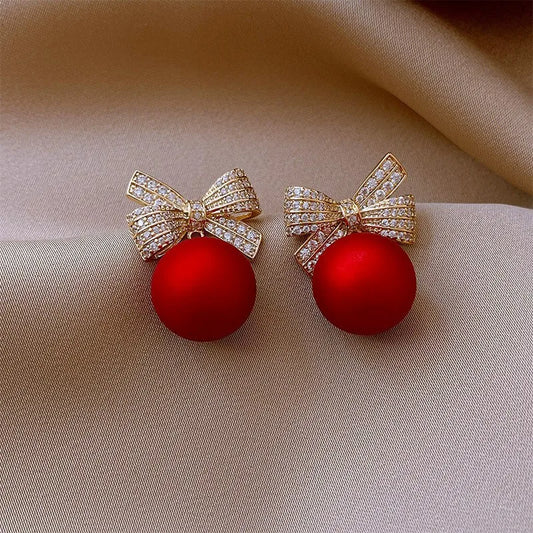 Round Bead Bow Heart Red Earrings