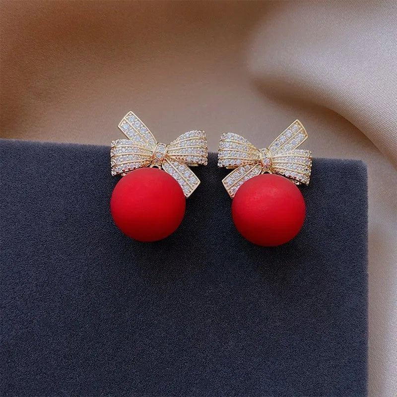 Round Bead Bow Heart Red Earrings