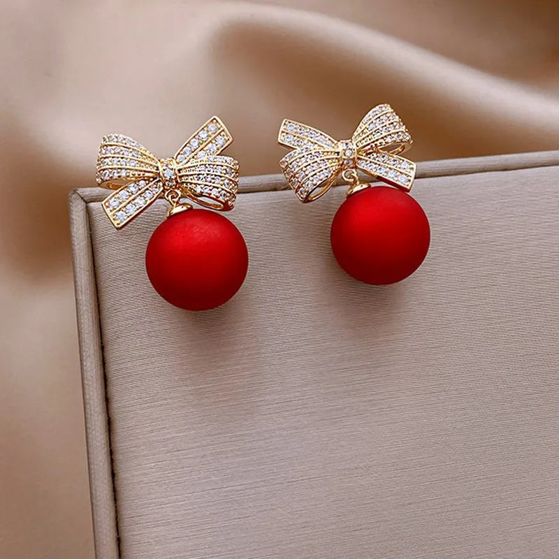 Round Bead Bow Heart Red Earrings