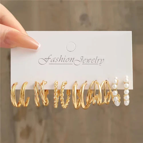 Fashion Geometric Hoop Earrings Set for Women Vintage Bohemian Pearl