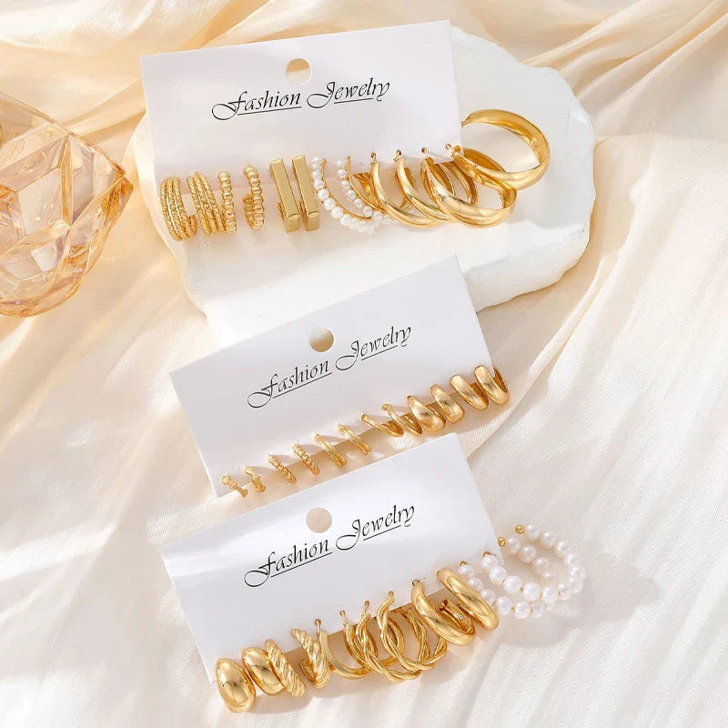 Fashion Geometric Hoop Earrings Set for Women Vintage Bohemian Pearl